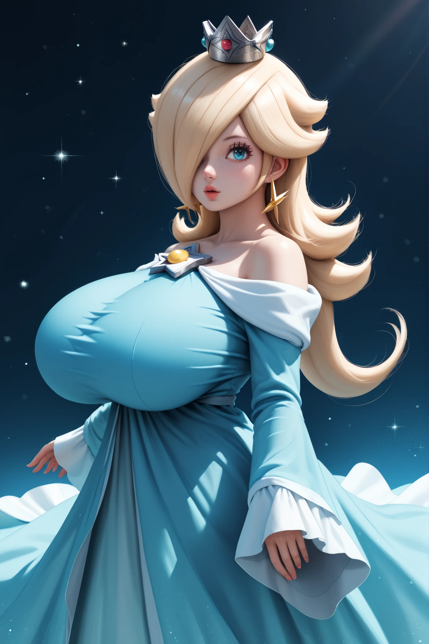 ((Princess Rosalina from super mario bros series))(she has big glowing blue eyes)(bright red lips) ((long blonde hair))(((long bangs hide one eye)))(dark eyeshadows make up)((very huge breasts)) (perfect slim body), (crown), ((posing sexy in cosmic castle)) (masterpiece, high definition, volumetric lights and dinamic shadows)((masterpiece))(8k)(perfect face)(ultra details) (perfect hands, eyes, and face) (luma star flying around), (((gigantic breasts))), (blue erotic lingerie)