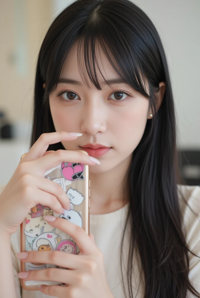 araffe girl taking a selfie in the mirror with makeup brushes, Lalisa Manobal, Ulzzang, Lalisa Manoban do Blackpink, maquiagem sul-coreana popular, Fotografia selfie 8k, maquiagem coreana popular, Kim Doyoung, com franja, com bonito - fino - rosto, Jinyoung Canela, iphone selfie, wan adorable korean face