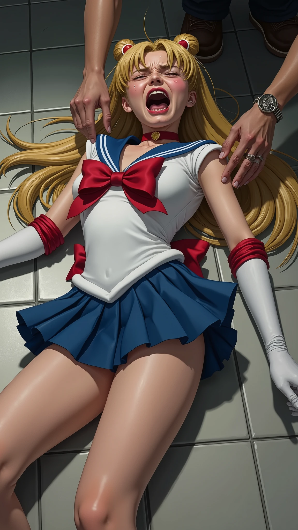 Hyperrealism, masterpiece, highest quality, A young Japanese woman is lying on the floor, ((she is crying and screaming in pain)), tears from her eyes, painful face, she is wearing a Sailor Moon costume, Blue sailor collar, Blue short mini pleated skirt, she is wearing a very short blue mini pleated skirt, white panties, Long white gloves, shiny beige color pantyhose, Exposed thighs, red long boots, big red choker, long blonde Hair, semen on her face, semen on her legs, a man hands touching her thighs,
