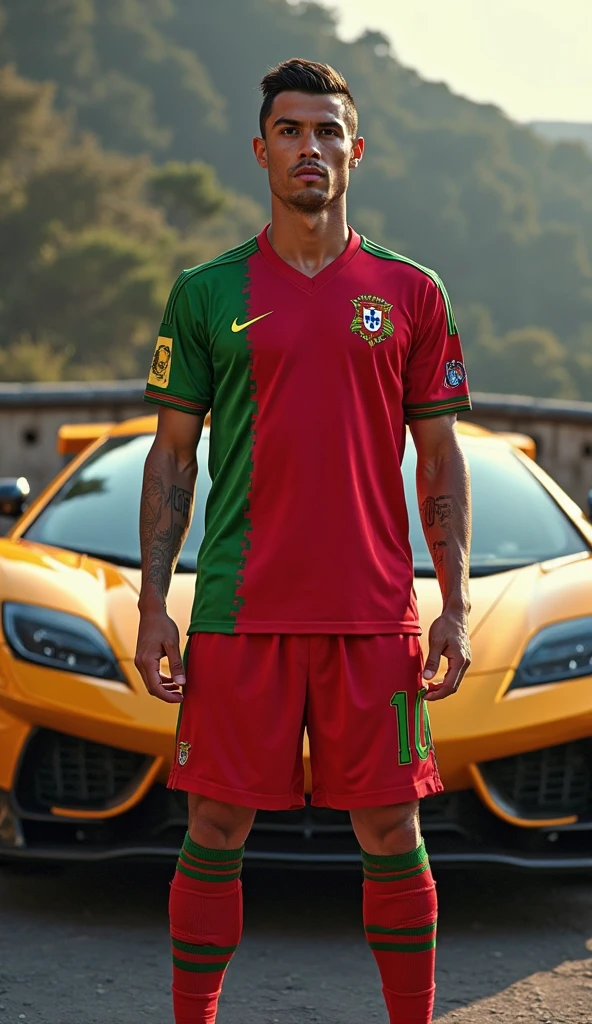 Very beautiful companions, whole body, High leg leotard with Spanish flag motif, Red Boots, Spanish, High leg leotard with Portuguese flag motif, Green Boots, Portuguese, Standing next to a new car