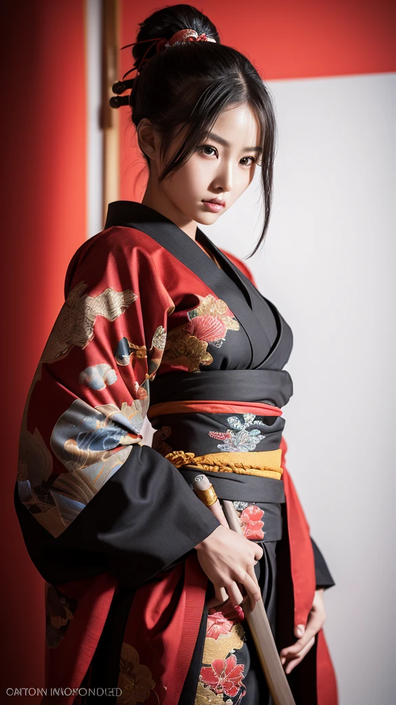 masterpiece, Highest quality, A stately Japanese-style room with tatami mats, A large photograph of a woman from head to waist, profile, Chain motif accessories, (Her clothes are loose、The chest is exposed, Punk Rock Kimono, black地に赤＋Money:1.3), (black＋Orange Hair Color, Medium Hair, Hair Bun), (blackい瞳, Sparkling eyes), (Lots of eyelashes)