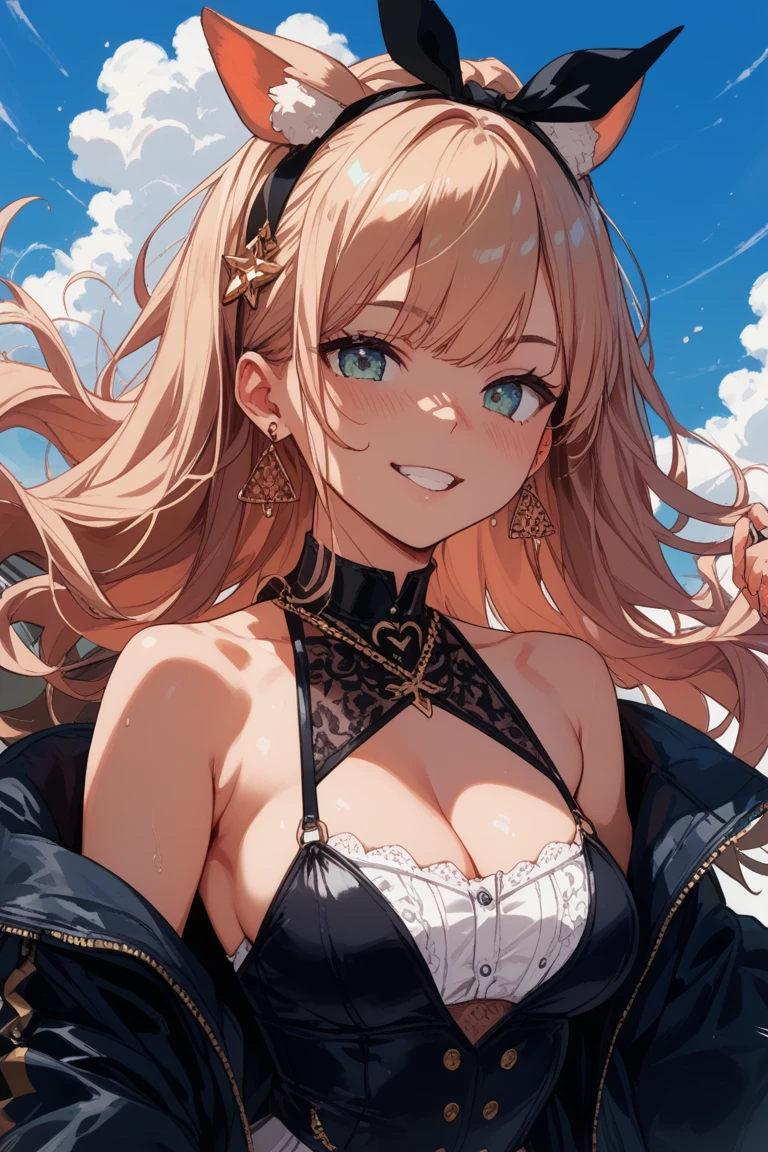 Yellow Dress、Deep purple eyes, ((Beautiful eyes in every detail))、 iris、Shining Eyes, (((Fluffy beige hair)))、(((((One Girl))))),Multicolored Hair、Inner Color、25歳woman、Wavy Hair、1 girl、((Very smiling))、(((8k background)))、Center of chest、((((whole body))))、woman、(((Beautiful background)))、rooftop、look up、Sunset