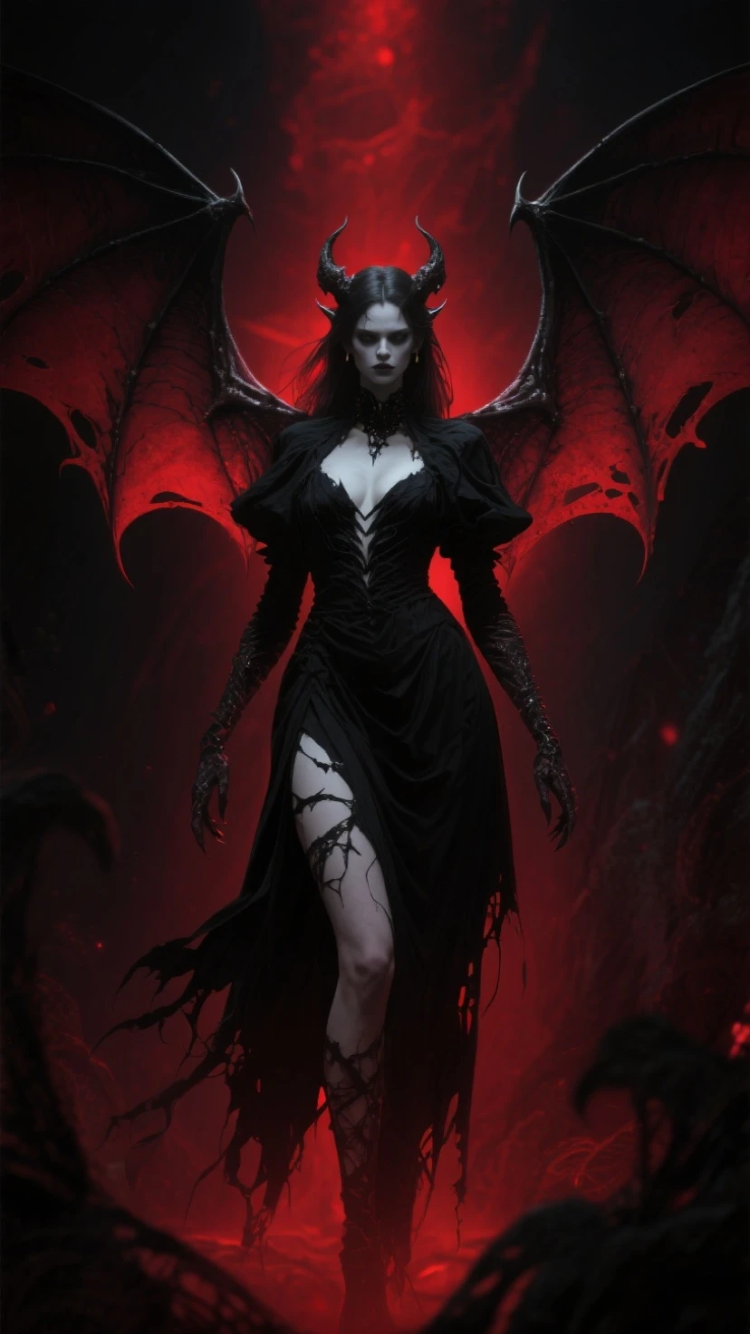sinister female demon from the depths of the universe with terrifying face,elegant appearance,fierce expression,pale skin and dark shadows,sharp pointed teeth,(extra-long,extremely detailed) snake eyes all over her body,dark flowing hair,long wavy black hair,glowing red eyes,sharp claws,dark aura,ominous atmosphere,demonic presence,smoke and fog,cosmic background with stars and galaxies,celestial scenery,mystical energy,ethereal glow,otherworldly beauty,nebula dust and scattered planets,lunar eclipses and shooting stars,galactic dust and lighting,cursed and forbidden beauty,serpent-like tongue and scales,glowing dark wings with intricate patterns,black feathered wings with metallic sheen,silhouette of jagged mountains,enchanted glowing forest with twisted trees,phosphorescent flowers and plants,bloody crimson moon,fractured dimensions and portals,crackling electricity and energy sparks,hauntingly beautiful,deceptive and captivating,female manipulation and supernatural power,mysterious and alluring,powerful and untamed,fearful and respected,gothic and surreal art style,vivid contrasting colors,black and red color palette,dramatic lighting with deep shadows,juxtaposition of light and darkness.