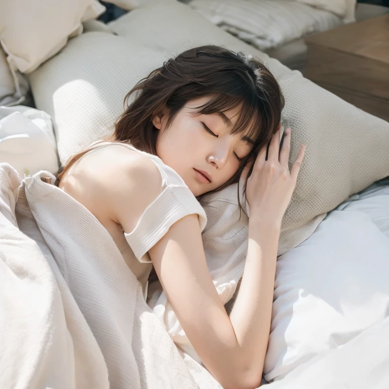 (Best-quality, Masterpiece, Ultra-High-Resolution, (Photorealistic:1.4), Raw Photo, depth of field, professional lighting, perfect anatomy, extremely details), from above, 1girl, 15-years-old, the most famous Japanese idol, lying on back, sleeping on luxurious bed, ((heavy night sweats, wearing only cute-pajamas soaked with night sweats):1.3), (((extremely cute sleeping face)), extremely beautiful short-cut-haired, extremely beautiful skins, realistic skin texture, extremely cute long-eyelashes, extremely cute lips), detailed night-sweats, detailed luxurious-bed, detailed cute-pajamas-soaked-with- night-sweats