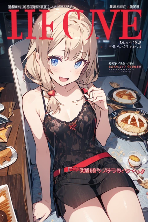 (small breasts:1.2), (perky chest:1.2), (pointed chest:1.2), (Pudding cake magazine cover:1.3),(from above:1.0),(shoot from the side:1.1),masterpiece, 1girl, Amazing Cleavage:1.1, thin waist, optimum,tmasterpiece,hight resolution,best qualtiy,hyper HD,super detailing,awardwinning,a 18yo cute girl,(The upper part of the body),anatomy correct,Beautiful Black miniskirt,garters,Gaze,Small face,bangss,holster,Beautuful Women,hands up,leg holster,Gaze,black boots,Cowboy Shot,cute face,a blond,Longhaire,Twin-tailed,Braids, Hairline,（scarlet eyes）,long eyelasher,Hanging eye corners,White skin of the, ((see through camisole:1.1)), ((Sheer nipples:1.0)),Rocket Tits,(Slim body),smile,seductive weak smiling,(with sparkling eyes and a contagious smile),little open mouth, Looking at Viewer,
