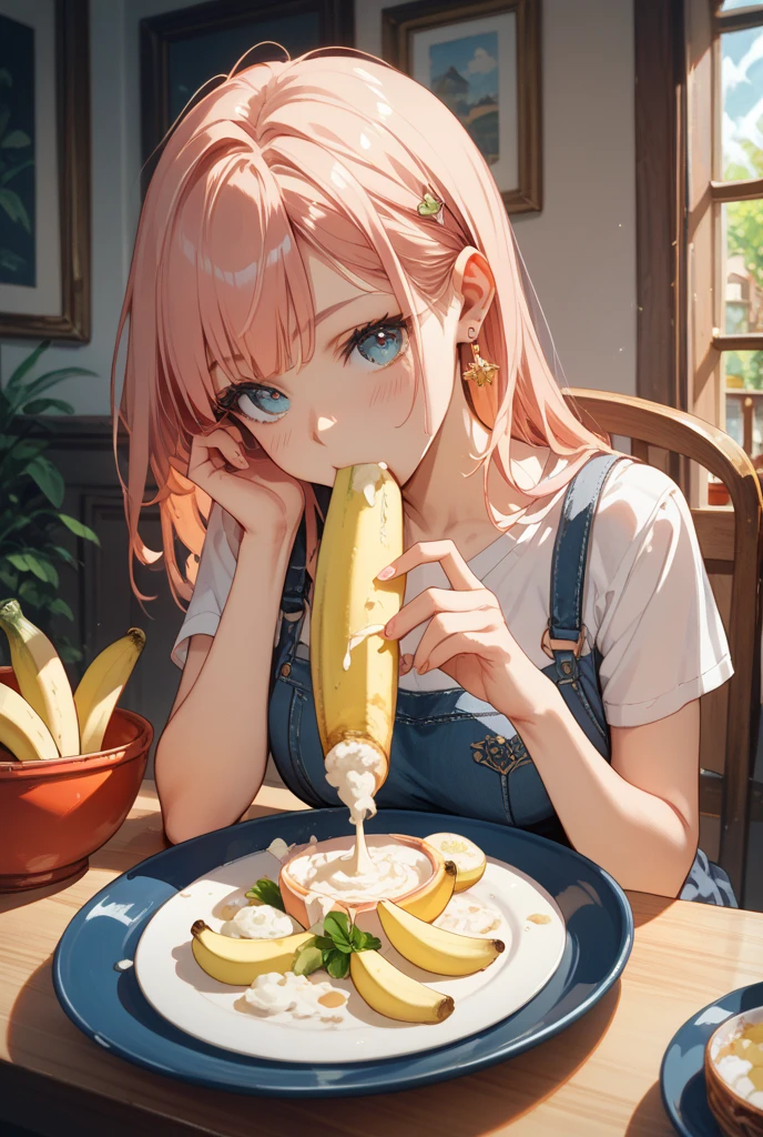 Anime character with a banana in his mouth, eating ice - cream, In an anime style, marin kitagawa fanart, by Naka Bokunen, In anime style, In a Japanese anime style, banana color, she is eating a peach, colored sketch, made with anime painter studio, high quality colored sketch, Eating ice cream, banana in, Ecchi anime style