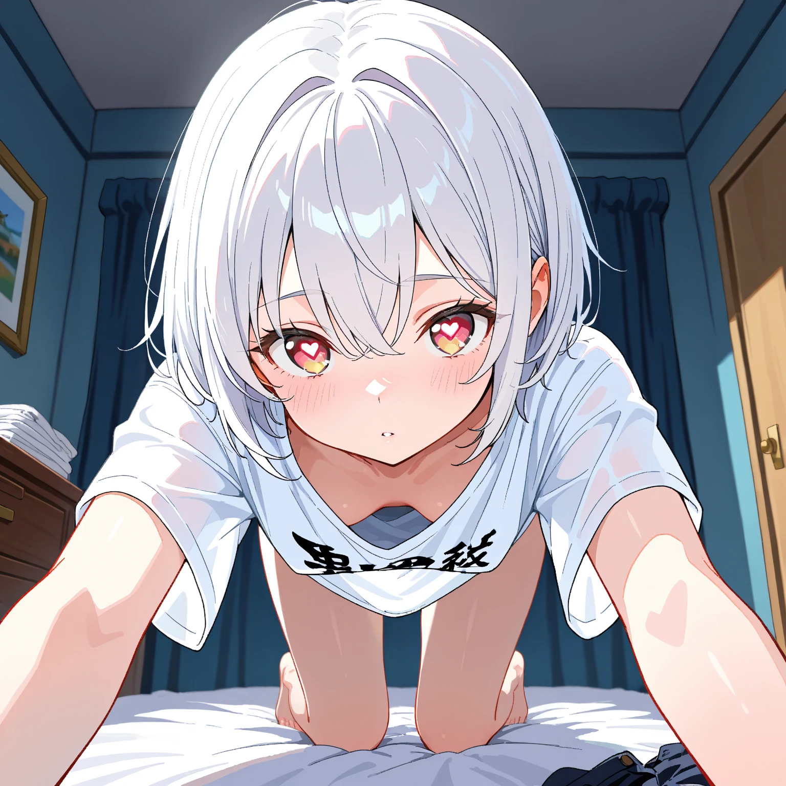 nsfw、White Hair Girl、Pink Eyes、Short Hair、Only one girl、Night、In the bedroom、Blushing、laughing、Excited、Just One、Sitting on the bed、Sweating,On all fours