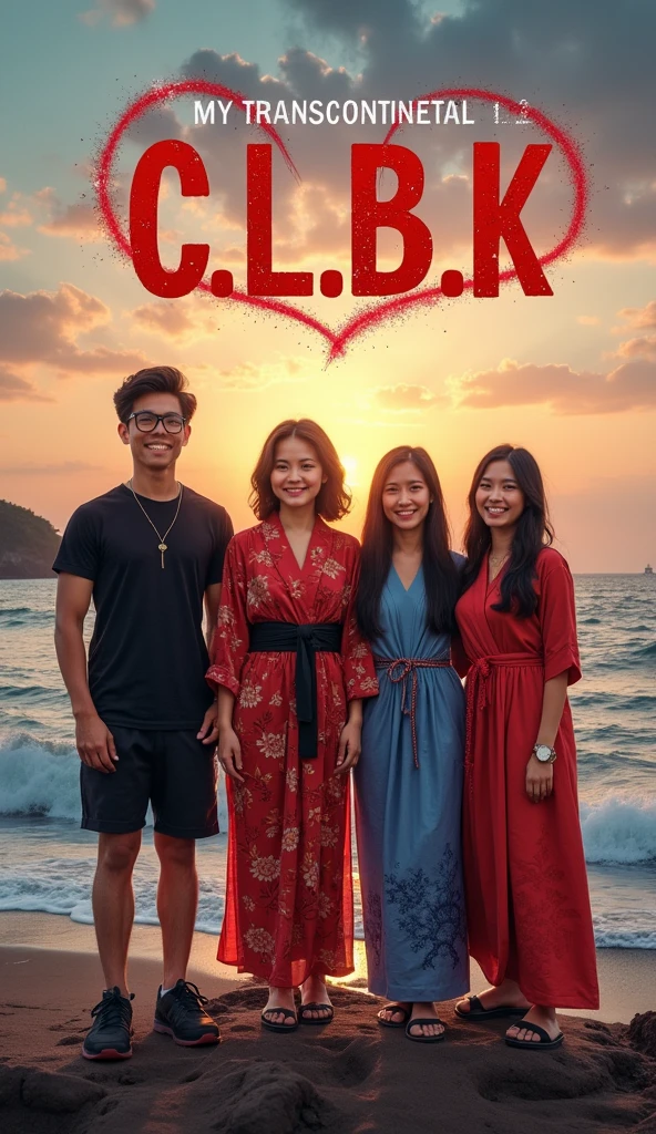 Create a painting with a traditional art theme in size 16:9 which is a picture of a group of teenagers wearing traditional East Javanese clothes and standing in front of a van gogh-themed sign saying LOYAL HEART