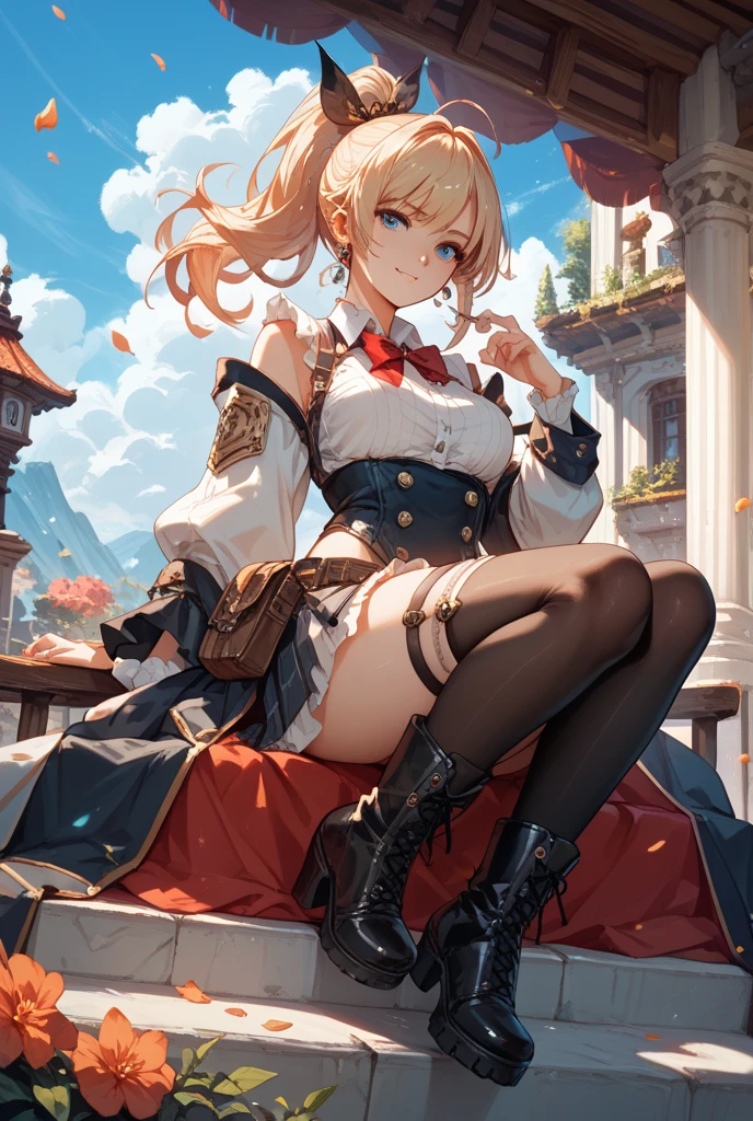 (masterpiece, highest quality, Dutch Angle)(One girl, alone)(Gray Hair, Red eyes)(smile, Sitting,Floating Hair)(universe、milky way、City of the Moon)Knee-high boots
