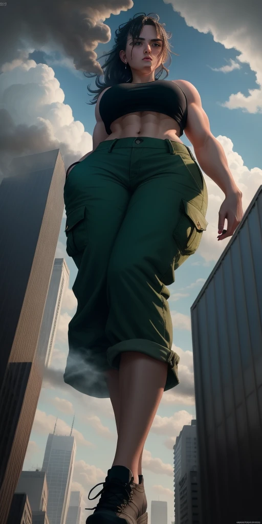 "A towering Giantess in a cool and laid-back hippie style is rocking a crop top and baggy pants. Her toned and athletic build hints at her massive strength. She seems to be casually strolling through the bustling cityscape of GTS City, as towering buildings loom overhead. Smoke and clouds roil around her, adding to the sense of epic scale and drama. The lighting is dark, gloomy, and realistic, creating a tense and ominous atmosphere. The perspective is from below, emphasizing the sheer majesty and power of the Giantess."