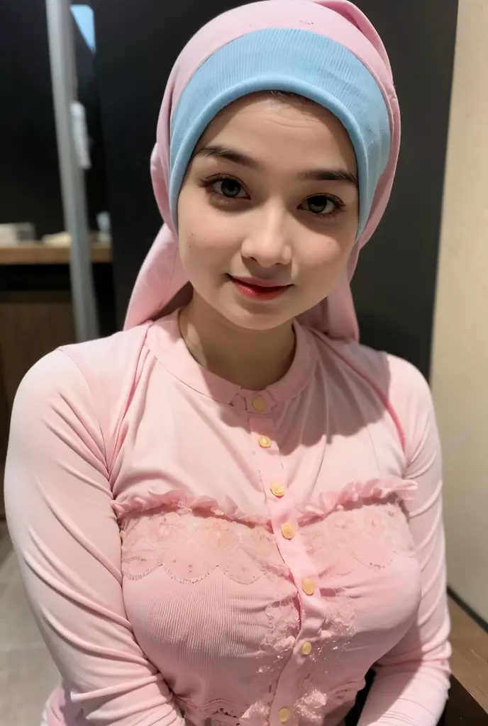 Smile, ((Hijab)), Tiny (Wearing Lingerie Top Suspender), (((HIJAB MALAY GIRL))), masutepiece, High quality, UHD 32K, Realistic face, Realistic skin feeling , A Malay Lady, , , Very cute and baby-like face, (((FLAT CHEST))), (MATRIX WORLD), ((look In front at the camera and SADNESS)), ((())), (((CUTE GIRL))), ((Fluorescence)), ((CHUBBY)), (undress), at toilet, Lolican. Liblue and White