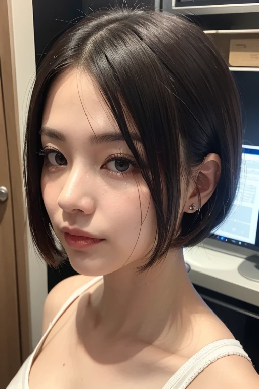 Look into the eyes, Eye contact, Front of face, face, Cross-legged, indoor, Brown Hair, bangs, clavicle, shoulder, Cross-legged, chest, Earrings, Skin Moisture, The gaze looking down on me, Look at me, Look at me, Look at me, Look at me, Look at me, Look at me, Private room, Tank top, (Covered in oil:1.6)