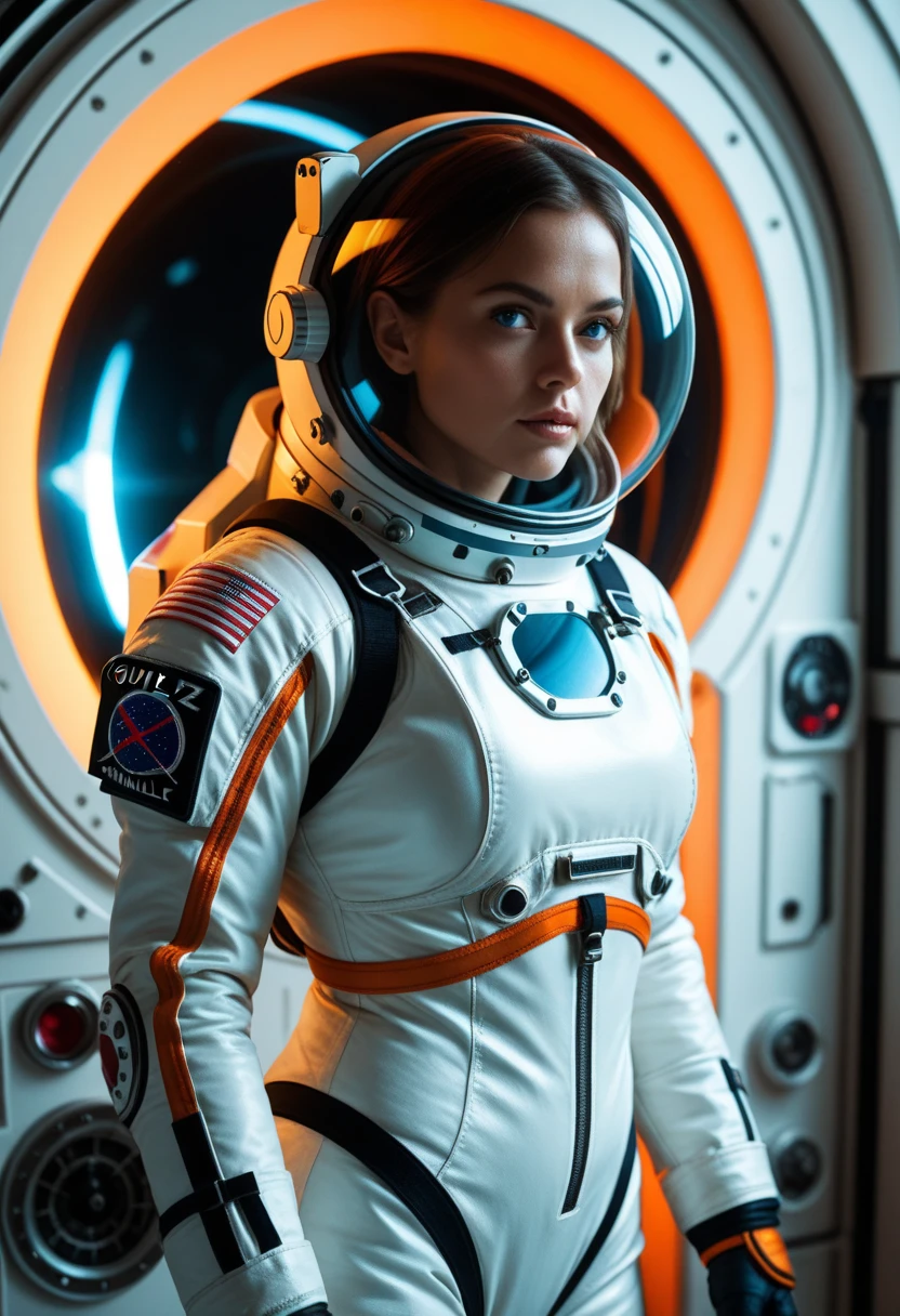 fashion photo of fertility goddess,  A woman astronaut explores a lush alien planet, surrounded by bioluminescent flora and floating rivers, her suit blending with the environment's vibrant hues.