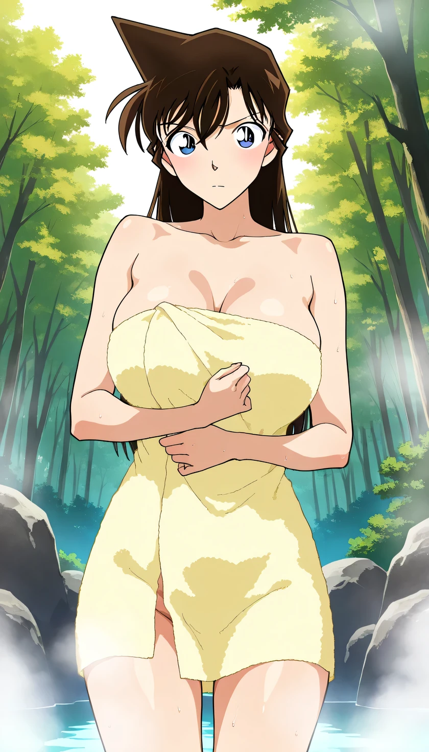 masterpiece,Highest Quality,{{details, beautiful face and eyes}}, 非常にdetailsな背景,
Mouri Ran,long hair,brown hair,light blue eyes,A medium-sized bust surrounded by dense forest,Beautiful bowl-shaped breasts, breasts not too big with bangs down, Highly contrasting white lipstick ,tall,Slender,skinny,
((Naked Towel)),chest,
solo,1 girl on break day,(is embarrassing,closed mouth,steam:1.0),stare at us,
((前かがみ, Breasts with Azaleas :1.2)),
(spa background :1.0),nsfw