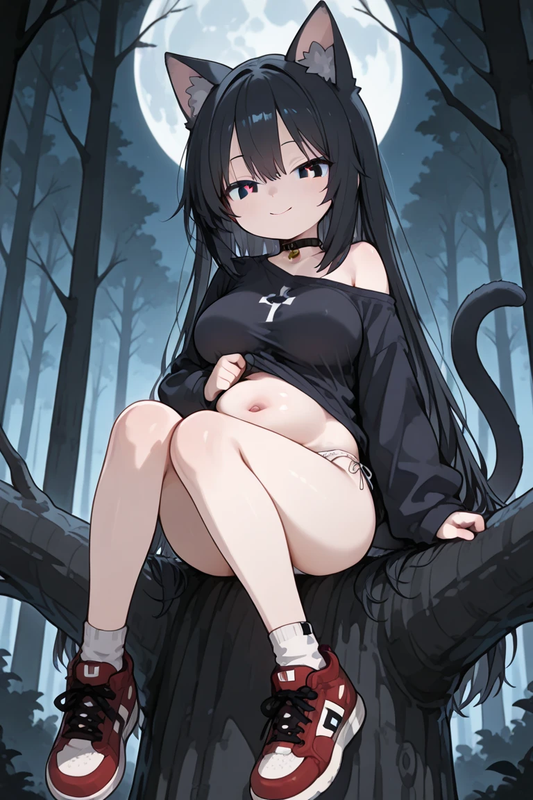 ((4k, masterpiece, best quality, ultra detailed, hyper-detailed, beautiful and aesthetic:1.2)), (1girl:1.3), (werewolf), (light skin, tan skin), claws, (long hair, messy hair, dark grey hair), (dark grey wolf ears, furry ears), (dark grey wolf tail, bushy tail), amber eyes, (human nose, human face), (evil grin, open mouth, sharp canines, blushing), (Lust crazed, crazy, yandere, horny, in heat), (medium breasts), (slender figure, lithe body), (naked, nipples, vagina, pubic hair, dark grey pubic hair), (leaning over viewer, looking down at viewer, from below, closeup), (outdoors, nighttime, dark, moon, nature, forest, sky)