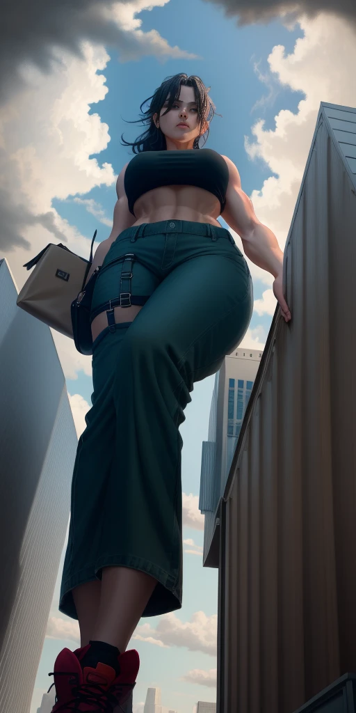 "A towering Giantess in a cool and laid-back hippie style is rocking a crop top and baggy pants. Her toned and athletic build hints at her massive strength. She seems to be casually strolling through the bustling cityscape of GTS City, as towering buildings loom overhead. Smoke and clouds roil around her, adding to the sense of epic scale and drama. The lighting is dark, gloomy, and realistic, creating a tense and ominous atmosphere. The perspective is from below, emphasizing the sheer majesty and power of the Giantess."
