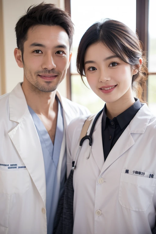 Male dentist and female dental hygienist 2people A good business partner 日本people系 Wearing a lab coat Wearing medical scrubs Upper body close-up high resolution high resolution highest quality