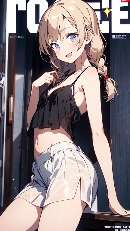 Masterpiece, Best quality, cute female child, hair adornments, Crop top, Short shorts, Pantyhose, leg belt, ribbon_choker necklace,