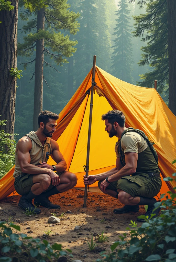 2 muscular man dress in camouflage pants no shirts sitting around a campfire with his father in the woods