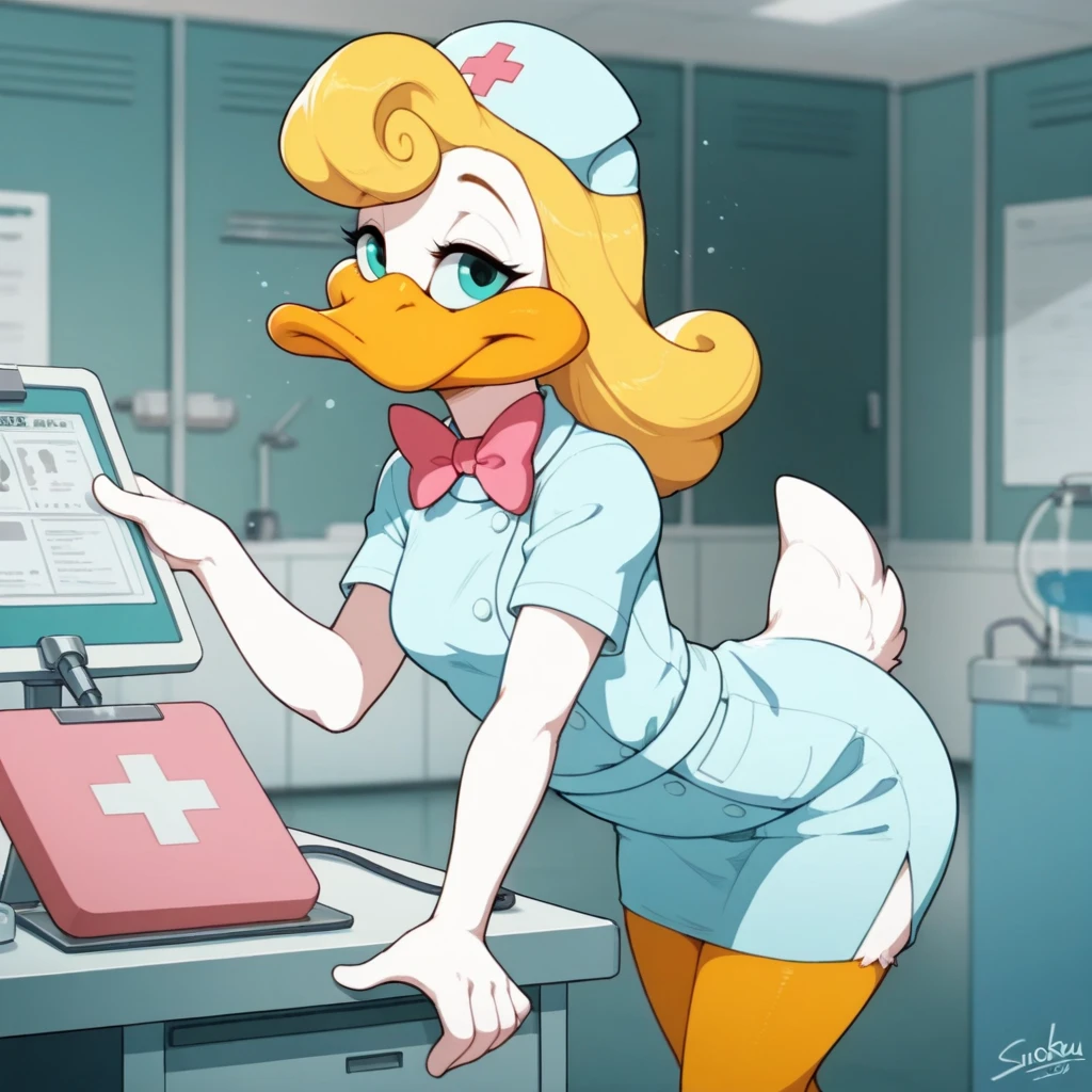 pov, Clover, totally spies, kneeling, blonde, blushing, smiling, penis, foreskin, measuring tape, white nurse uniform, nurse cap, short hair, blue eyes, floor