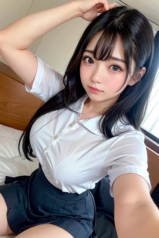 Girl in a nude t-shirt、最high quality, Ultra-high resolution, Highly detailed skin, Physically Based Rendering,Down blouse, Look down,(An 18-year-old Japanese high school girl is standing leaning forward, No bra, Layered button shirt, , Small breasts, Nipples are visible, From side to top),(Beautiful background:1.2), (Cleavage)Sitting on a chair, Long black hair, A white blouse with a low chest and a slim and beautiful body、Beautiful breasts、Laughter、Whole Body Ezbian:1.2.Beautiful Skin, Blurred Background,masterpiece,high quality,4K resolution