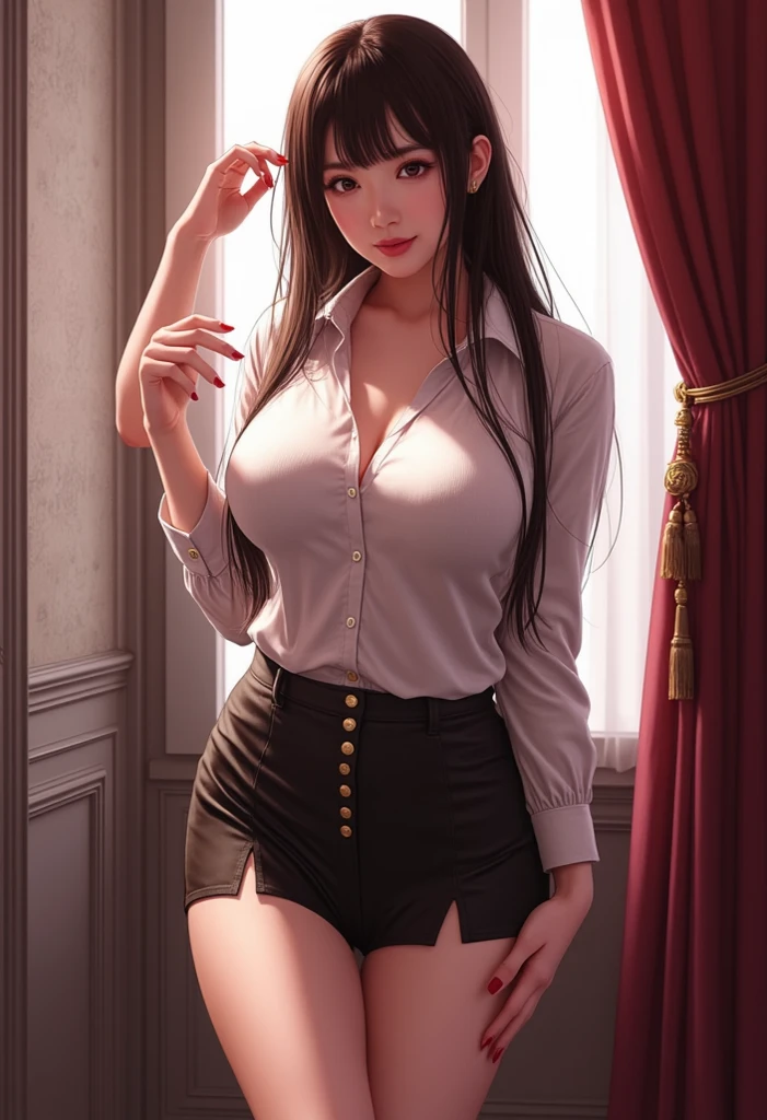 32K, (masterpiece, Best Quality) 1.5, 1 girl, Alone, (sexy, beautiful woman, perfect face, Perfect eyes), eyes the color of honey, Defined tabs, lined eyes, Red lips, long shiny hair, Jet black hair, with side ponytail, red ribbon in hair, wearing a khaki pleated mini skirt, open blouse, brown short-sleeved blouse, torn clothes, Black choker, bracelet on wrists, gold earrings, leather belt, shapely legs, thighs, big breasts, neckline, body covered in sweat, surprised expression, open mouth, with a belt, exposed lace bra, sunlight through a window, in a hotel room, bending over with legs open,