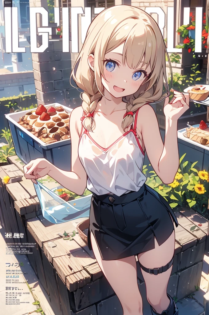 ((Masterpiece)), ((best quality)), ((wide shot)), (super detail:1.2), (High Definition:1.3), ((extremely detailed)), (8K), (Professional Photography:1.2), (very aesthetic:1.2), (absurdres:1.2), (sharp focus), (perfect light), ((kawaii)), (drop shadow), ((1girl)), ((12 years old)), (cute little girl), unruly hair, medium hair, (loose blunt bangs), cumulonimbus cloud, on morning, tropical country, (naughty smile), open mouth, skin fang, (thin camisole), wearing dolphin shorts, ((Beautiful jewelry box in both hands)), blooming Hibiscus, botanical pattern, (pandanus tree), summer day, (sharp focus), (perfect light), (detailed background:1.2), newest,