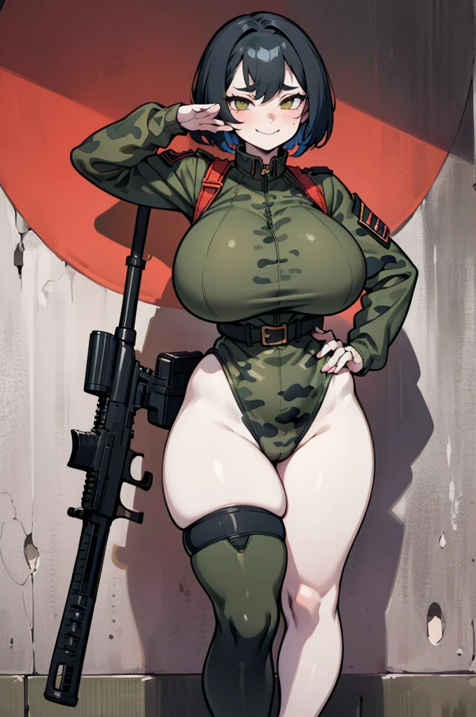 Cuberpunk, thick hips, thick thighs, high heel boots, high cut leotard, huge breast, thin waist, bob cut hair, weapon, tanned skin, gun, angry look, military camouflage, scream, thick body,
