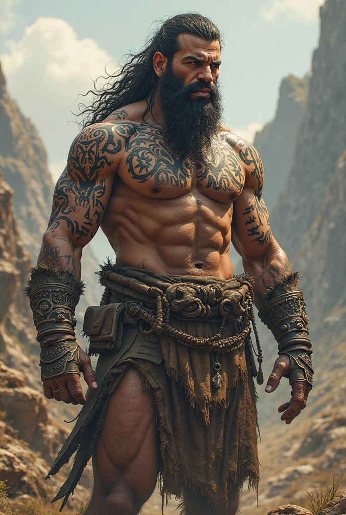 Hyperrealistic close-up image of an Arab Bedouin, a superhero sweating profusely with very long gray hair. A very muscular 80-year-old bodybuilder weighing over 200 kilos with a large bare torso, sagging pecs, large tattoos, big brown nipples. A big grey moustache Dressed in a wide skirt and sandals among the dunes of the Sahara desert.