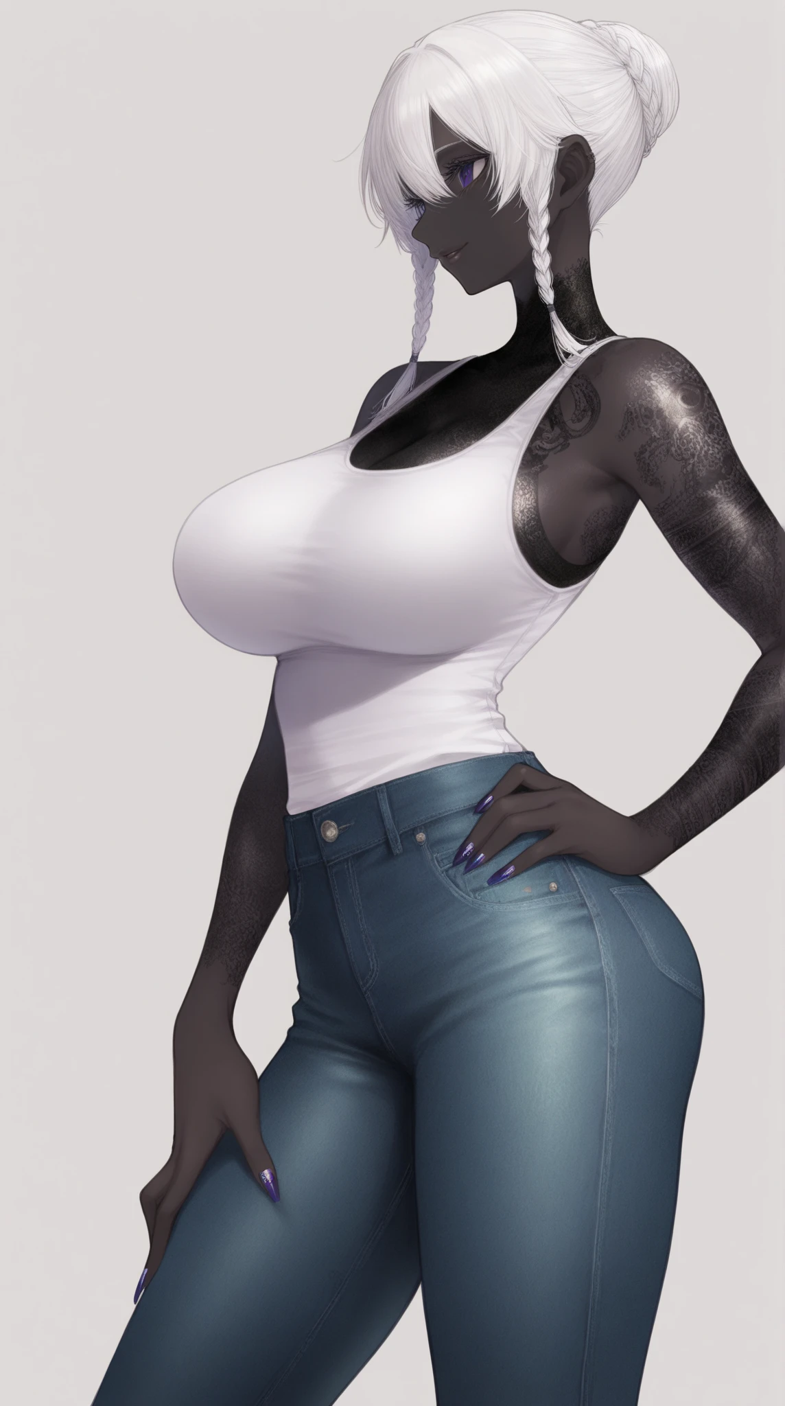 plus size model, jewelry, thick thighs, wide hips, black lips, mom short black hair, gigantic breast, milf, yellow eyes, black dark background, mature,black fingernails, mother, enormous breasts, tomboy, ebony skin,black sweater, blue jean shorts, muscular, abs, fishnet stockings, huge ass