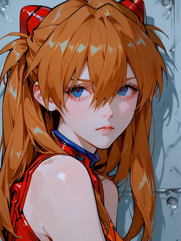 (Obra maestra, mejor calidad), 1 chica, Hermoso rostro, cuerpo hermoso, souryuu_asuka_langley, traje enchufable, mono, auriculares de interfaz, red mono, pelo entre los ojos, traje de piloto