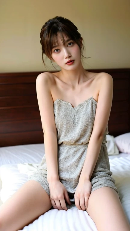 (((best quality))), (((ultra detailed))), (((masterpiece))), illustration,a beautiful girl,solo,slim,thin,messy hair,shoulder length straight bob hair,Dark Circles,Eyes bloodshot,(sad expression:1.3),flat chest,sitting on the bed,in a bedroom,halter lace nightgown, deep in thought, dimly lit room, soft glow of a digital clock, dark curtains, seclusion and introspection, disheveled hair, shadowed eyes, sleeplessness, delicate features, fragile beauty, pale skin, rouge on cheeks, heavy atmosphere, silence, soft hum of a refrigerator, woman's expression of deep contemplation, searching eyes, capturing the essence of struggle, vulnerability,(dark night scene:1.3),spread legs apart,arms behind back