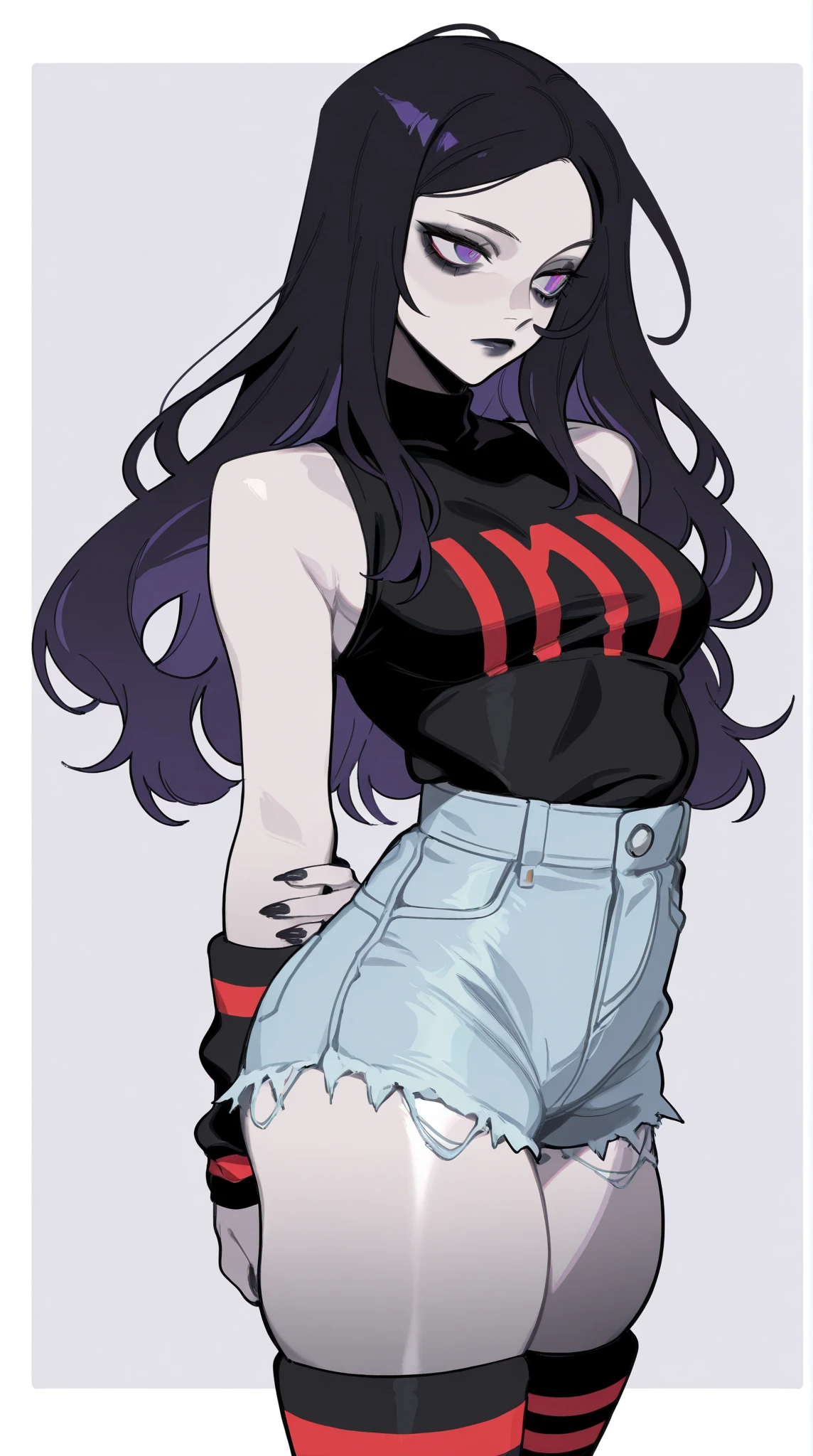 source_anime, 1girl, pale skin, black hair, orange eyes, very long hair, off shoulder, black shirt, striped gloves, striped thighhighs, midriff peek, short shorts, large breasts, choker, expressionless, open mouth, (shoujo-style:1.25, sexy-style:1.25, fantasy-style:1.25)