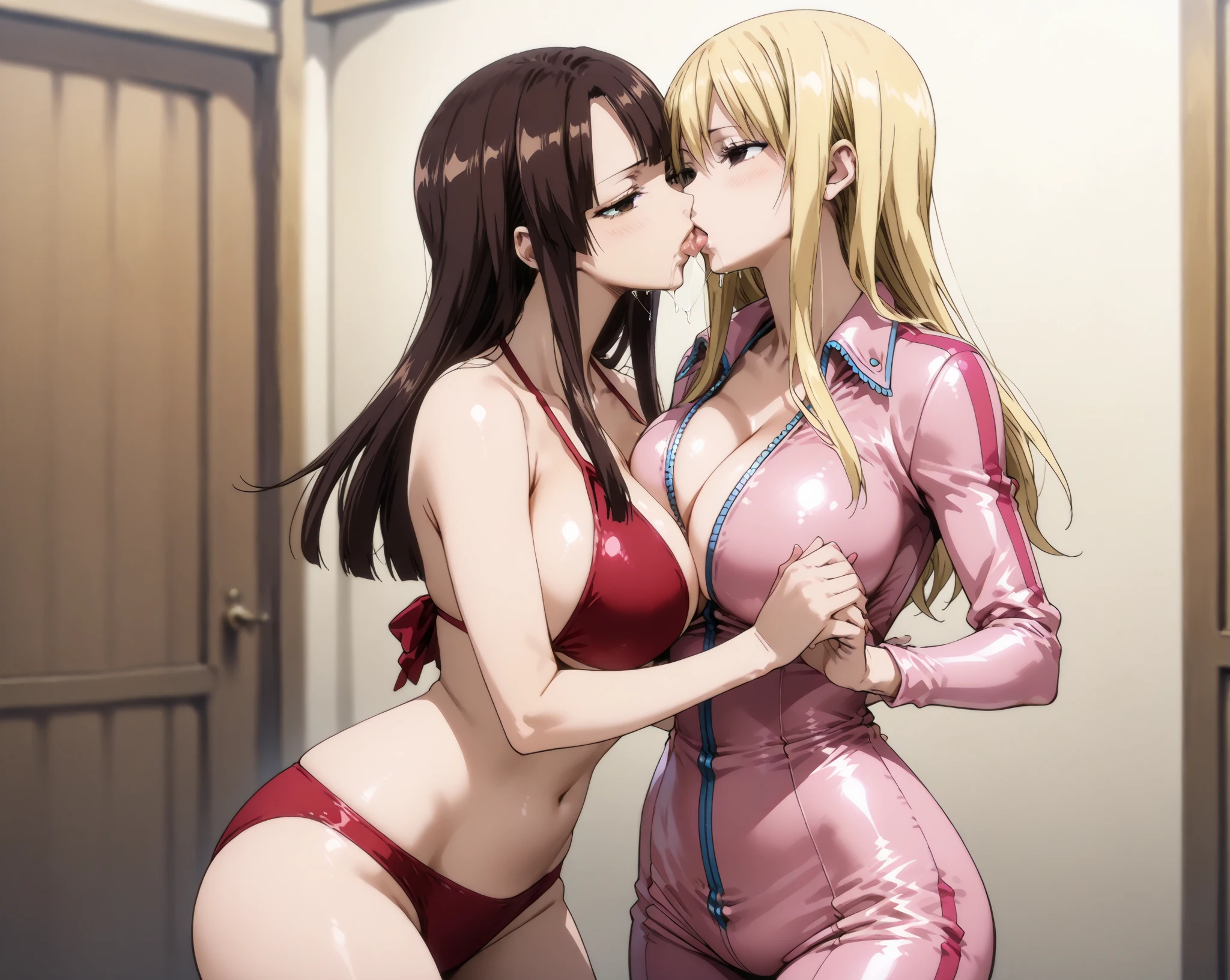masterpiece, best quality, highres, 2girl kaori saeki, kissing, seducing each other, black micro bikini, micro denim shorts, black off shoulder crop top, black lace choker, classroom, full body shot, (smug:0.3), looking at viewer, focus solo, sexy pose, mature, flip flops, detailed feet, busty, cleavage, blonde, long hair, red eyes, dangling shoe, seducing, sandals, in besexy legs, perfect feet, perfect eyes, sexy, seductive, sucking finger, dancing, bellydancer, horny, nasty, sultry, slutty, 