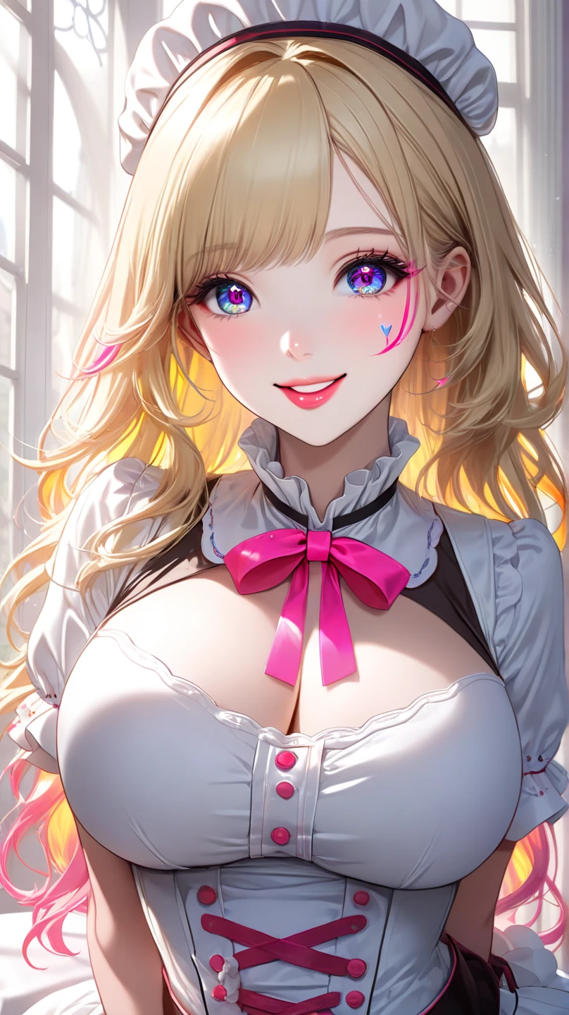 1girl, blonde hair, long hair, gyaru, big lips, pink eyes, anime, , bow tie, cardigan, huge breasts,smile, head tilt, blush, looking away from viewer, nose blush, gradient background, sparkles, anime, seductive, intimate, portrait, superiority,