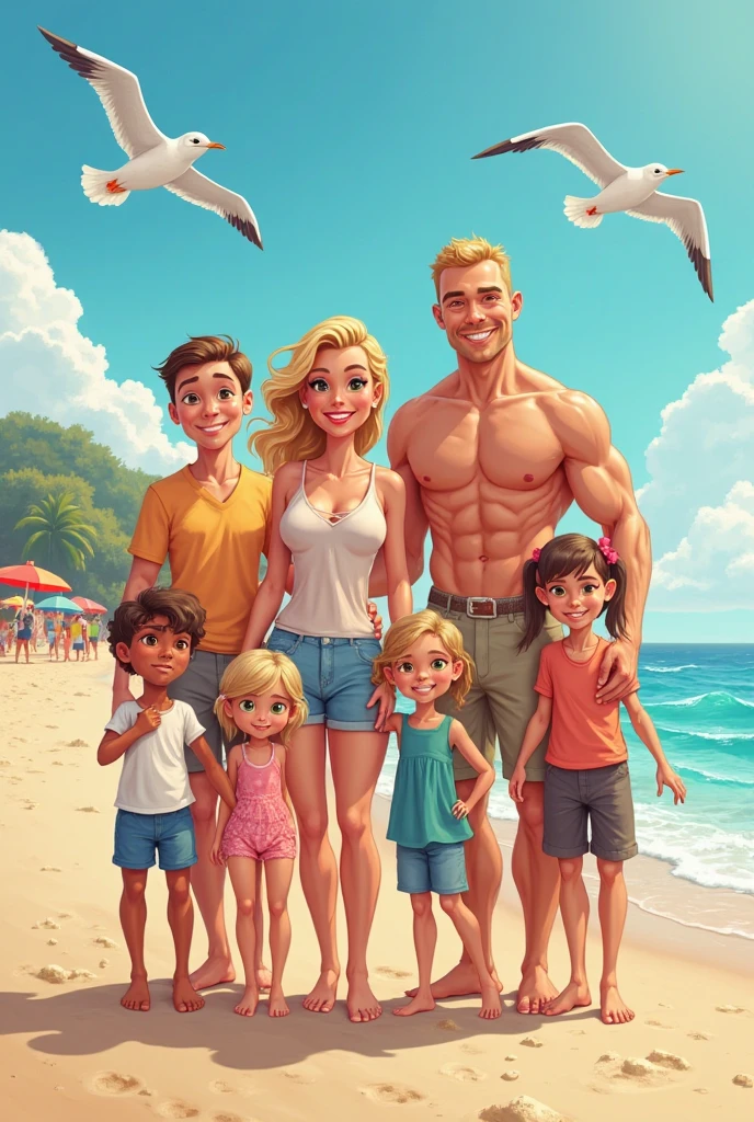 two happy couples of friends on the beach, one with two women, one blonde and one with long light brown hair, and another couple with a brown haired woman and a brown haired man, glasses and very muscular, there are two children in the picture