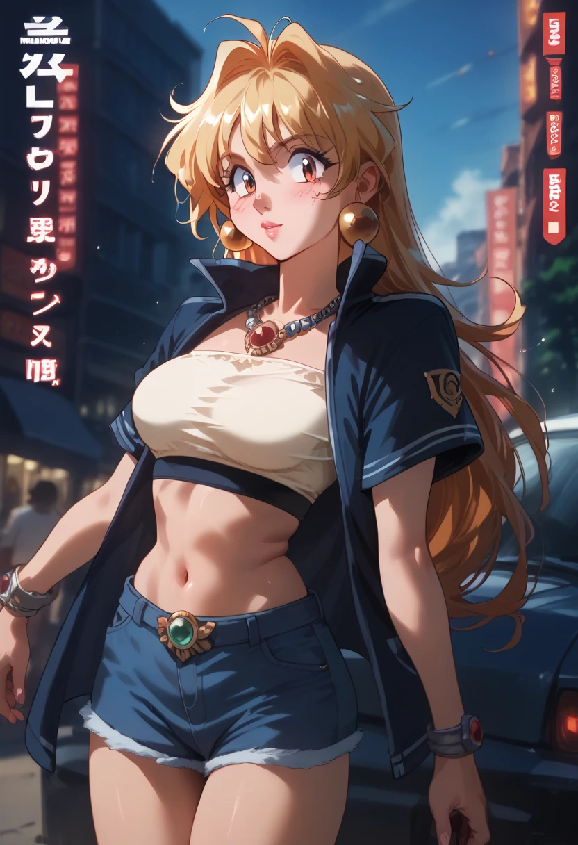 (Reiko Akimoto), (sleeveless, pink police uniform), embarrassing big smile, (masterpiece, best quality), delicate illustration ultra-detailed, sagging gigantic huge breasts, (in police box, counter desk, crowded), ((showing hairy armpit hair)), upper body only, sweating, hand behind head, stomach hair, bukkake, cum shot, hentai atmosphere, blonde, big hip, cleavage