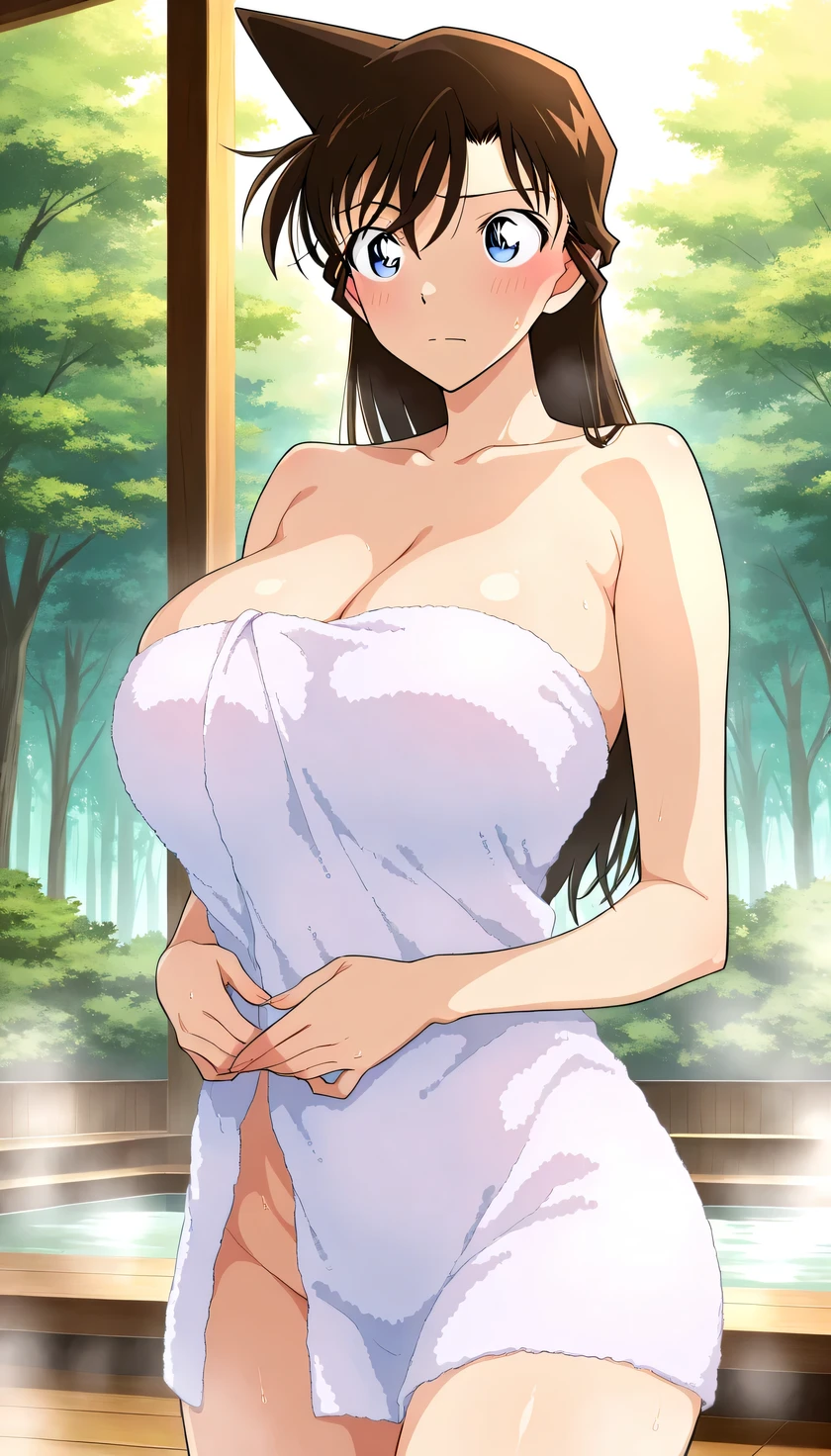 masterpiece,Highest Quality,{{details, beautiful face and eyes}}, 非常にdetailsな背景,
Mouri Ran,long hair,brown hair,light blue eyes,Surrounded by dense forest,Medium sized chest,Beautiful bowl-shaped breasts,modest breasts,C cup breasts with your hands,beautiful breasts,I can see the areolas just a little,Porori,tall,Slender,skinny,Elegant figure ,
((Naked Towel)),chest,
solo,1 girl on break day,(is embarrassing,closed mouth,steam:1.0),stare at us,
((前かがみ, Cleavage :1.2)),
(spa background :1.0),nsfw