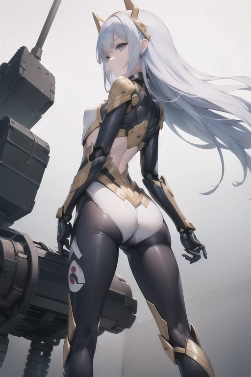 cyberpunked。girl with。The world of the near future。Heavily armed in white。s Armor。natta。battle field。Colossal tits。a miniskirt。all-fours。Kamimei。from the rear。