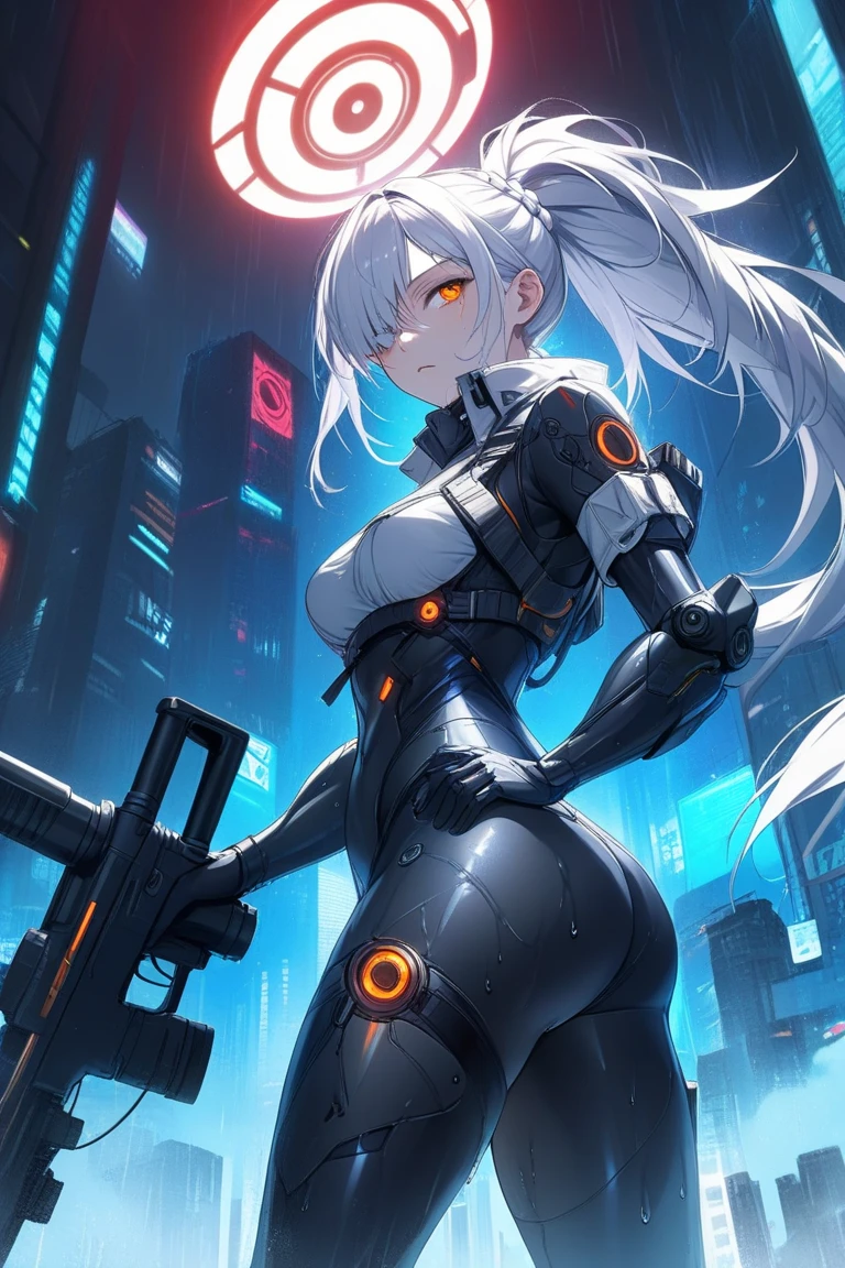 ((masterpiece:1.4, best quality))+, (ultra detailed)+,
1 girl,cyberpunk city,flat chest,wavy hair,mecha clothes,(robot girl),cool movement,silver bodysuit,colorful background,rainy days,(lightning effect),silver dragon armour,(cold face),cowboy shot,