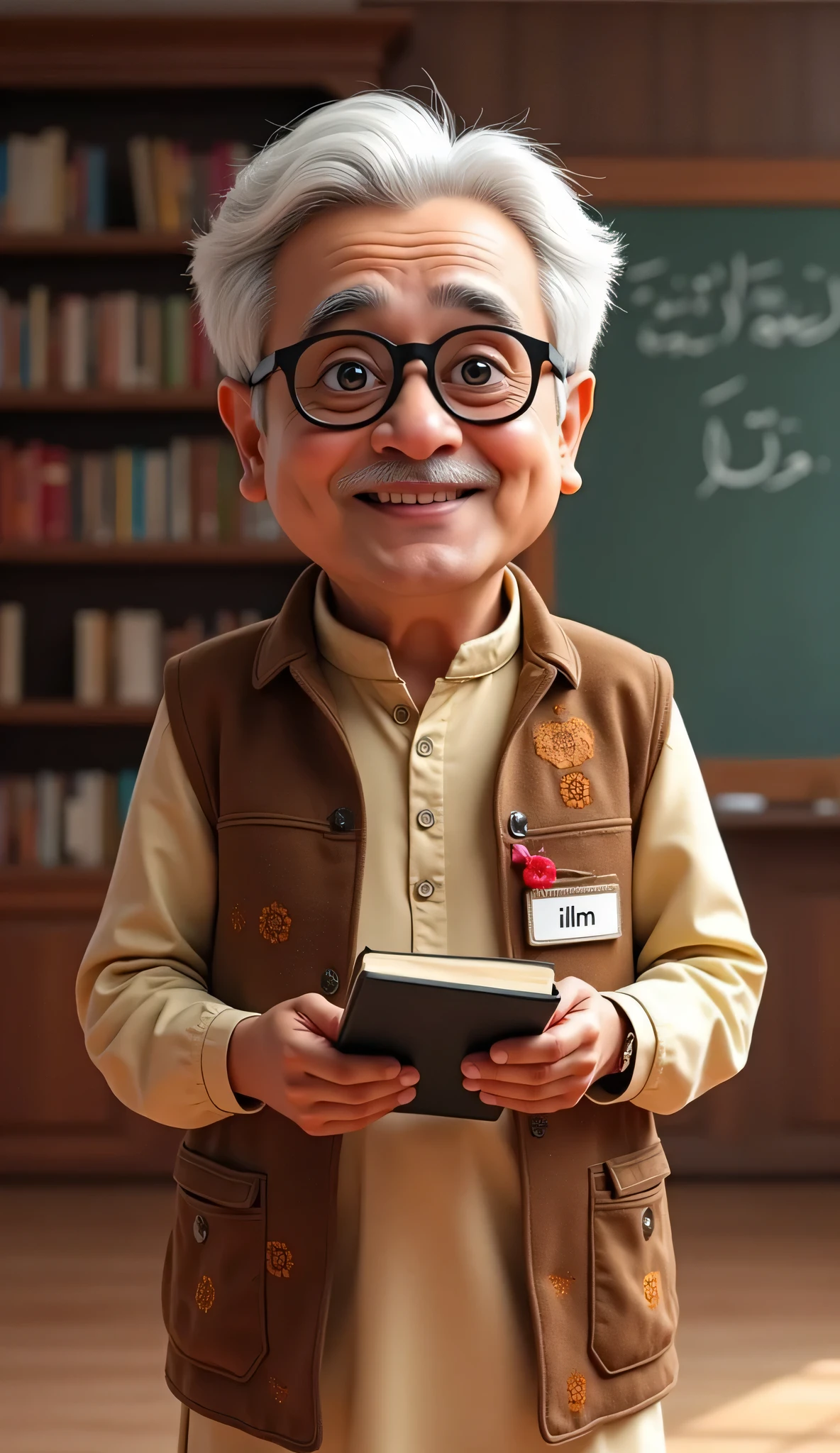 Age Look: 45–55 (wise, experienced)
Sex:Male
Outfit: Traditional shalwar kameez with a waistcoat, (university style)
Accessories: Spectacles, a digital pen, and sometimes a notebook or tablet
Optional: Wears a Virtual University badge or digital name tag
Bot Character with a Cultural Twist
Robot with Urdu calligraphy patterns or educational icons
Round face, expressive LED eyes, and maybe a "topi" or “dupatta” to localize
Holding a book/tablet labeled “Ilm”
3. Animated Mascot Style (Youth-Friendly)
Friendly cartoon style for use in explainer videos or on your site
Playful voice, big eyes, waving hand, perhaps with a pencil or scroll
The background shows soft bookshelves and a digital chalkboard.