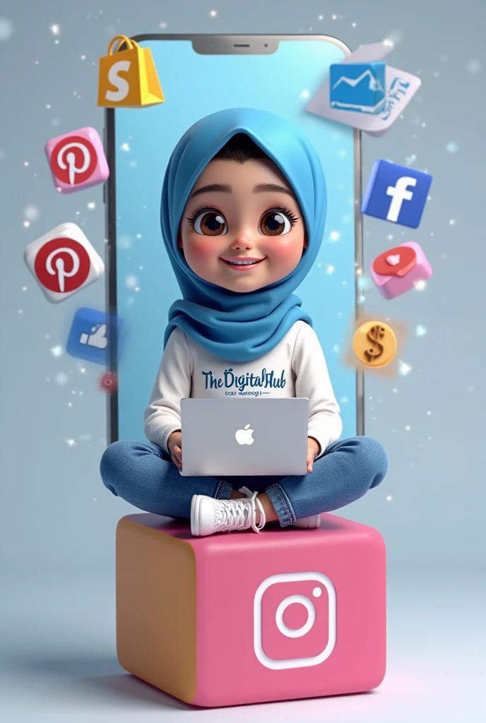In a sunny yard, a beautiful girl wearing a black hijab is striking a playful pose. She is dressed in a white crop top that contrasts with her stylish black mini skirt. She is taking a selfie with her face very close to the phone screen, her wide smile and lively expression reflecting her joyful mood. The background features a simple home setting, adding a warm and cozy feel to the illustration.