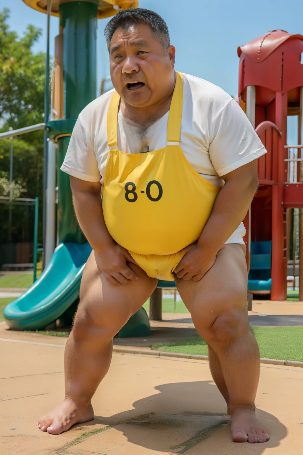 Thick Japan middle-aged man in his 50s, 1man, retarded, He wears a Big Diapers and Rompers, Bare Thighs, Pampers, shirtsless, ((peeing self, wetting self, pee stains,)), ((trembling, fear expression, scared, looking at viewer)), kindergarten background, It's a sunny day, Incontinence, He stand and cried in playground, Full body, a picture, 8k, high detail photo, Masterpiece
