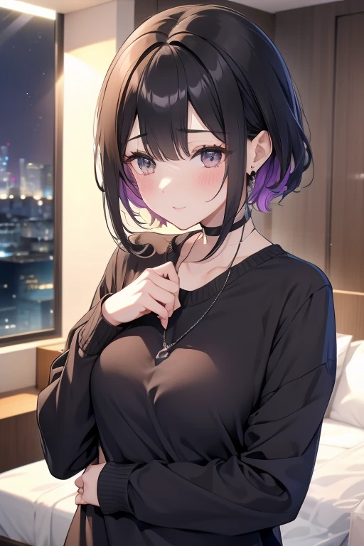 Girl with a short cut holding a mobile phone and documents in her hands, Sex, she is holding a smartphone, cyber high school girl, girl wearing a black sweater, visual novel cg, digital manga, Sex style, tits, Sex anime style, real high school girl, surreal , tits cyberpunk, ; visual novel, seductive anime girl、pov, The image is delivered to my smartphone、Erotic images of her on the smartphone screen