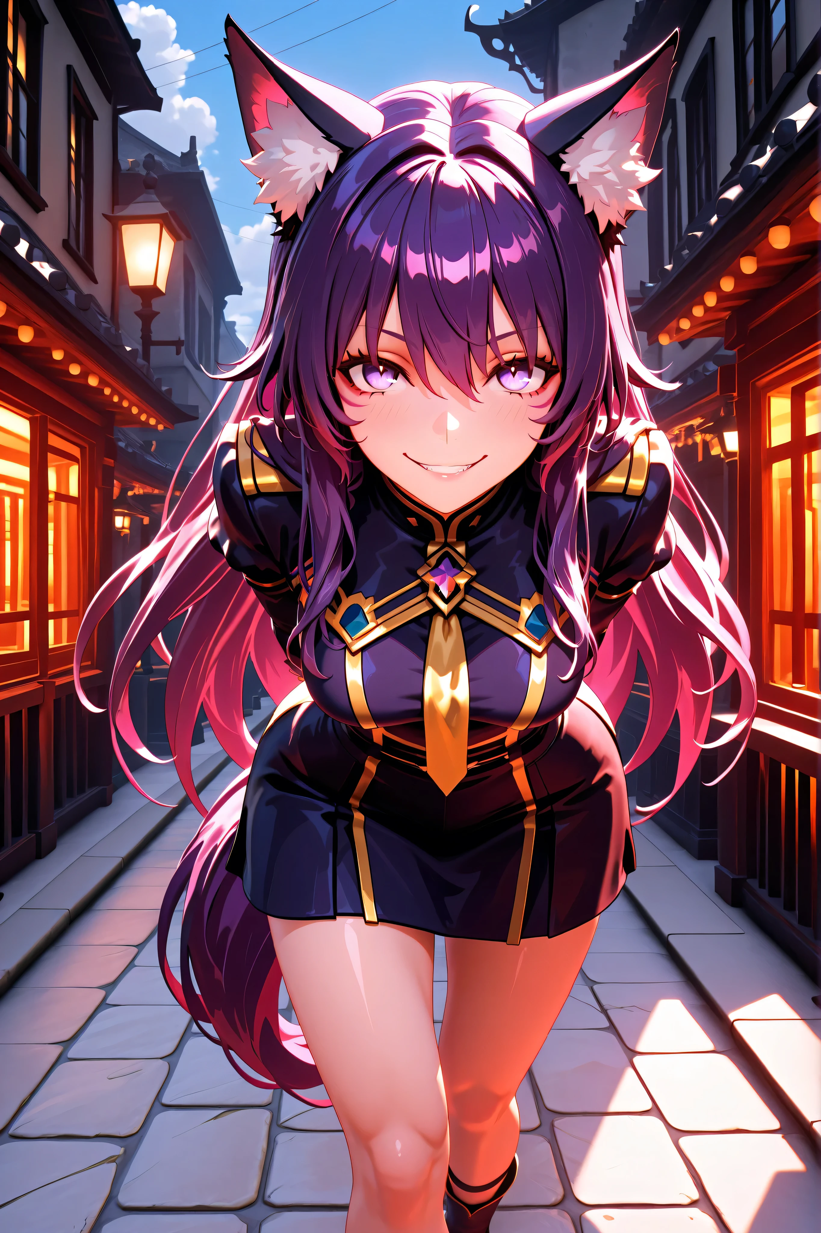 Masterpiece , best quality , amazing quality , absurdres , very aesthetic , lazypos , 3D, Delta_Eminence, Delta, walking, arms behind back, bend forward, evil smile, teasing stare