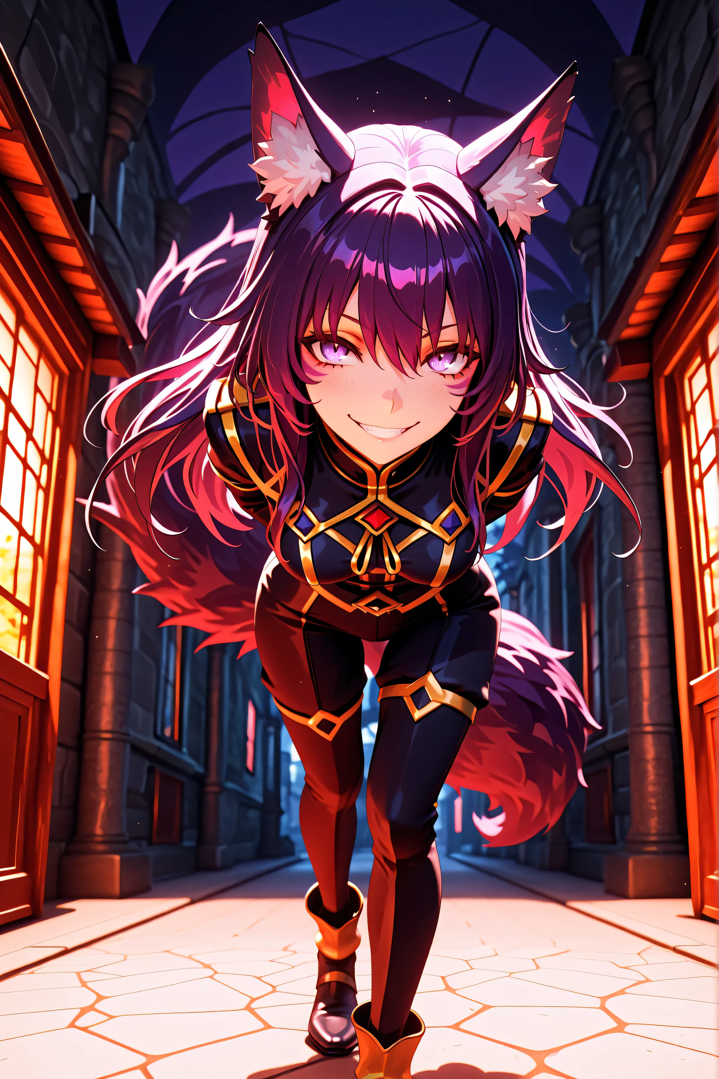 Masterpiece , best quality , amazing quality , absurdres , very aesthetic , lazypos , 3D, (Delta_Eminence, Delta), (fluffy tail), walking, arms behind back, bend forward, evil smile, teasing stare