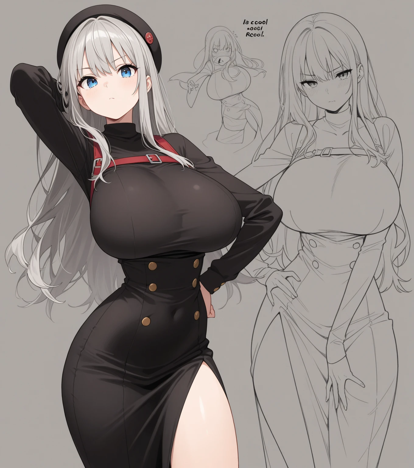 （Pink Rabbit）Chest&#39;Likely to burst,((masterpiece:1.2)), highest quality, ((Extremely detailed)), (Official Art), (ultra-Get used to it), anime, very, Get used to it, (CG), (3D), 8k, anime, unified model, wallpaper, Cowboy Shot, 1 girl, (alone), let me&#39;Story, @let me&#39, (Half closed eyes) Black Stockings, Black sleeves, Removed sleeve, Sleeveless shirt, Open your mouth, Looking at the audience, (Grin), (Tight clothing), (Grey blouse), (Thick thighs), ((Wide Hips)), (Wrinkles in clothing),