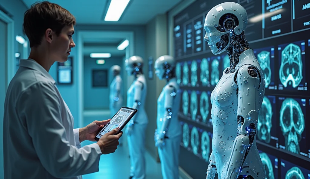 At 2 PM in a sterile, futuristic hospital room, a robot assistant equipped with advanced medical tools is helping a doctor examine a patient. The robot displays patient data on an integrated screen. The room is well-lit with bright, clean lighting, and high-tech medical equipment is visible in the background. The camera captures a close-up shot of the robot's screen showing the patient’s vitals, with the doctor and patient slightly out of focus but still identifiable