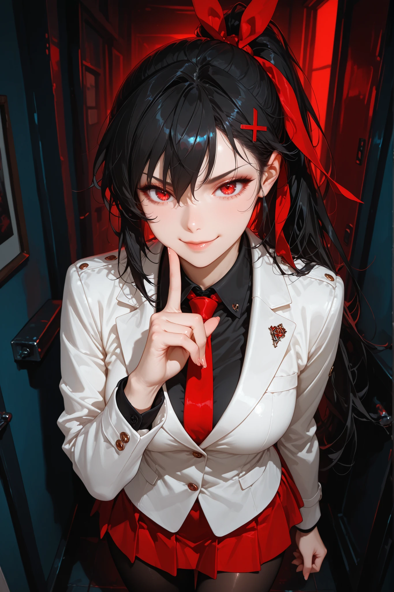 In general detail: very detailed, highly detailed, exceptionally detailed, exceptionally detailed, top quality, 2.5D works, a girl, single, beautiful hands, perfectly beautiful hands, summer school uniform: plain dark gray skirt with a lot of pleats: 1.4, red necktie with a pattern: 1.3, short sleeves, white shirt with white buttons, not NSFW (not safe for work): (-1.5), facial expression: a small smile at the corner of the mouth, enchanting gaze, posture: standing, posing cute and charming, looking at the audience, character traits: slender, Kawaei, perfectly balanced face, soft pinkish cheeks, extremely cute girl, extremely cute face, exceptionally detailed facial features, exceptionally detailed hair, extremely cute, extremely beautiful, background: deserted city, midnight, dark, deep focus background, additional physical features: medium to large chest, slim, large hips, well-rounded thick thighs, long slender legs, hairstyle: (Aho-ge: 1.2), (short bob with side ponytail, left side gathered hair, hair between the eyes, black/white hair), red/pink eyes."