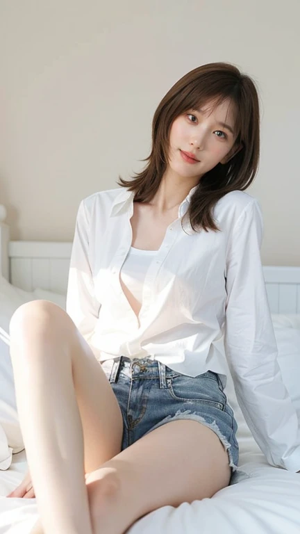 (Masterpiece, Best quality:1.3), (Ultra realistic, Photo-realistic:1.2), Natural light, 28 years old actress, Japanese beautiful 2 women, Neat and clean, (White tennis uniform, White short-sleeve polo shirt with darknavy line collar:1.1), (unbutton:1.4), (White pleated skirt:1.1), (white lace bra:1.2), white sock, (short wavy hair:1.2), ponytail, (Beautiful faces), Oval face, clear, Beautiful eyes, Kind eyes, Clear skin, Small face, Beautiful mouth, Small mouth, Natural makeup, Approachable, Seductive smile, (Seductive pose:1.2), Beautiful thighs, Bedroom eyes, Embarrassed, Blush, Luxury hotel Suite room, On bed, (nsfw:1.1), obscene girls, (lesbian couple, petting together:1.１), grabbing crotch, erotic hug,